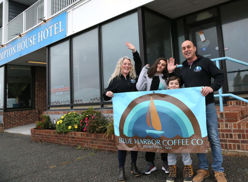 Stephanie Bergeron and Coskun Yazgan smile with their kids Didi, 11, and Baris, 8, as they prepare to launch their new cafe at Hampton Beach this spring.