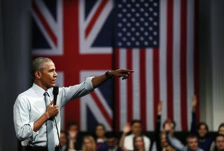 U.S. President Barrack Obama takes part in a Town Hall meeting at Lindley Hall in London, Britain, April 23, 2016. REUTERS/Stefan Wermuth