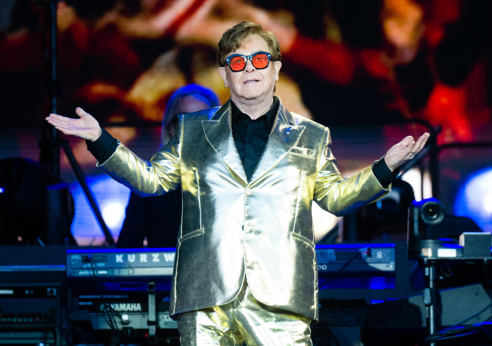 SOMERSET - JUNE 25:  Sir Elton John performs on the Pyramid stage during day 5 of Glastonbury Festival 2023 Worthy Farm, Pilton on June 25, 2023 in Glastonbury, England. performs at Day 5 of Glastonbury Festival 2023 on June 25, 2023 in Somerset, United Kingdom. (Photo by Samir Hussein/WireImage)