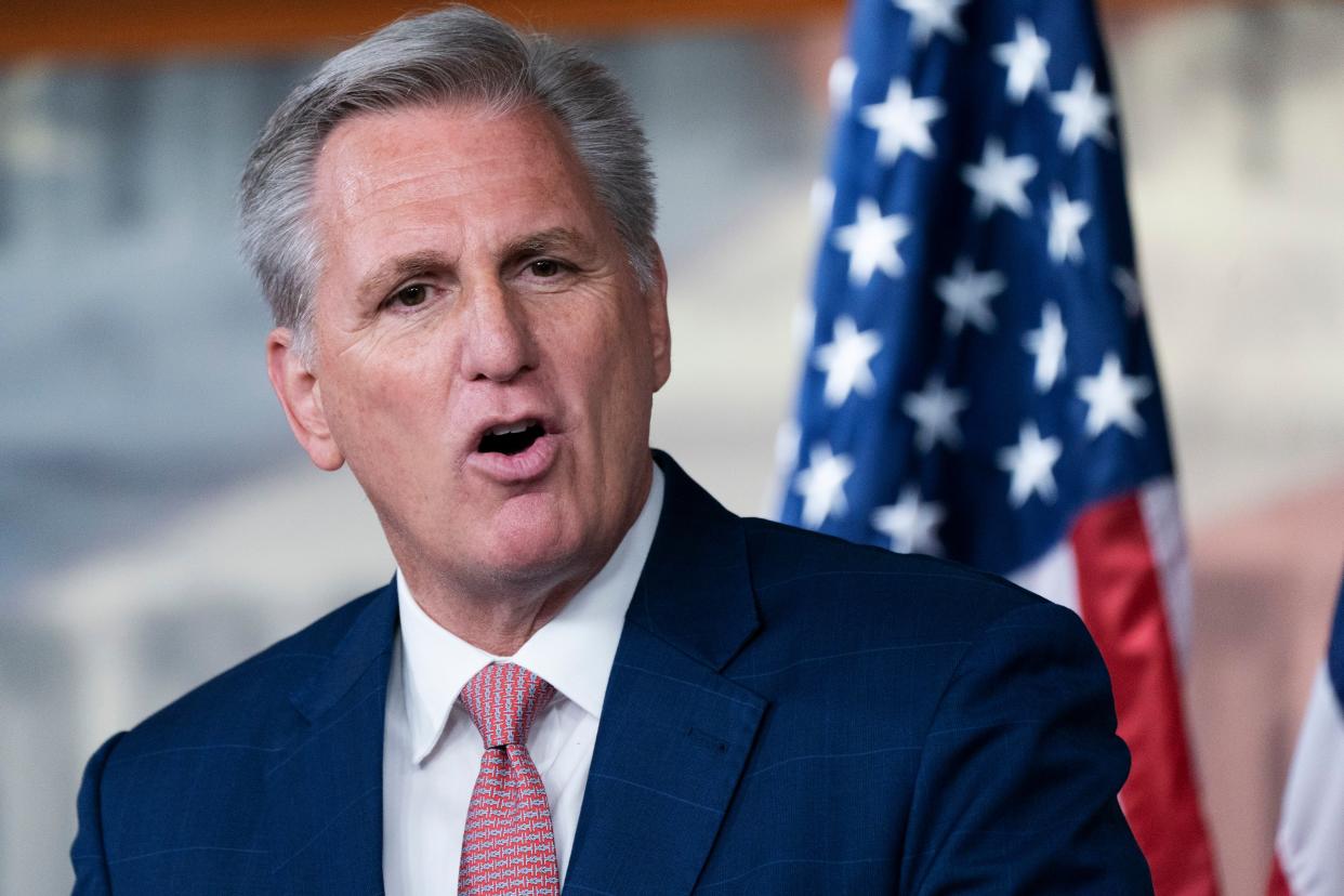 House Minority Leader Kevin McCarthy, of Calif., speaks during a news conference on the House Jan. 6 Committee, Thursday, June 9, 2022, on Capitol Hill in Washington. 