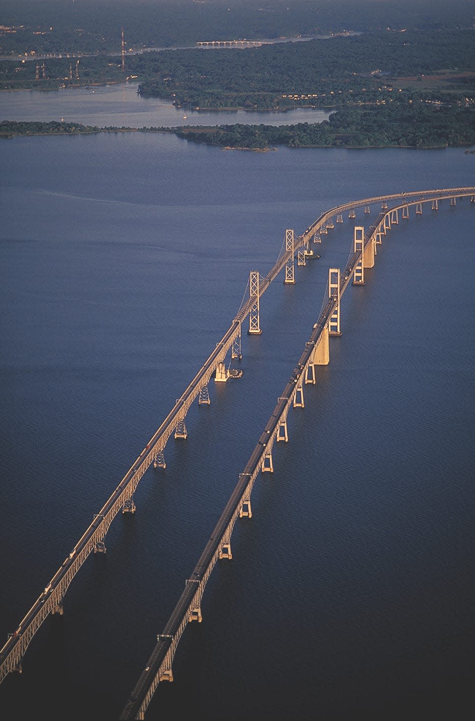 An aerial view of Maryland's Chesapeake Bay Bridge.