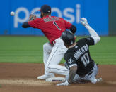 Chicago White Sox's Yoan Moncada slides safely into second base with a double as Cleveland Indians' Amed Rosario waits for the throw during the fifth inning of a baseball game in Cleveland, Saturday, Sept. 25, 2021. (AP Photo/Phil Long)