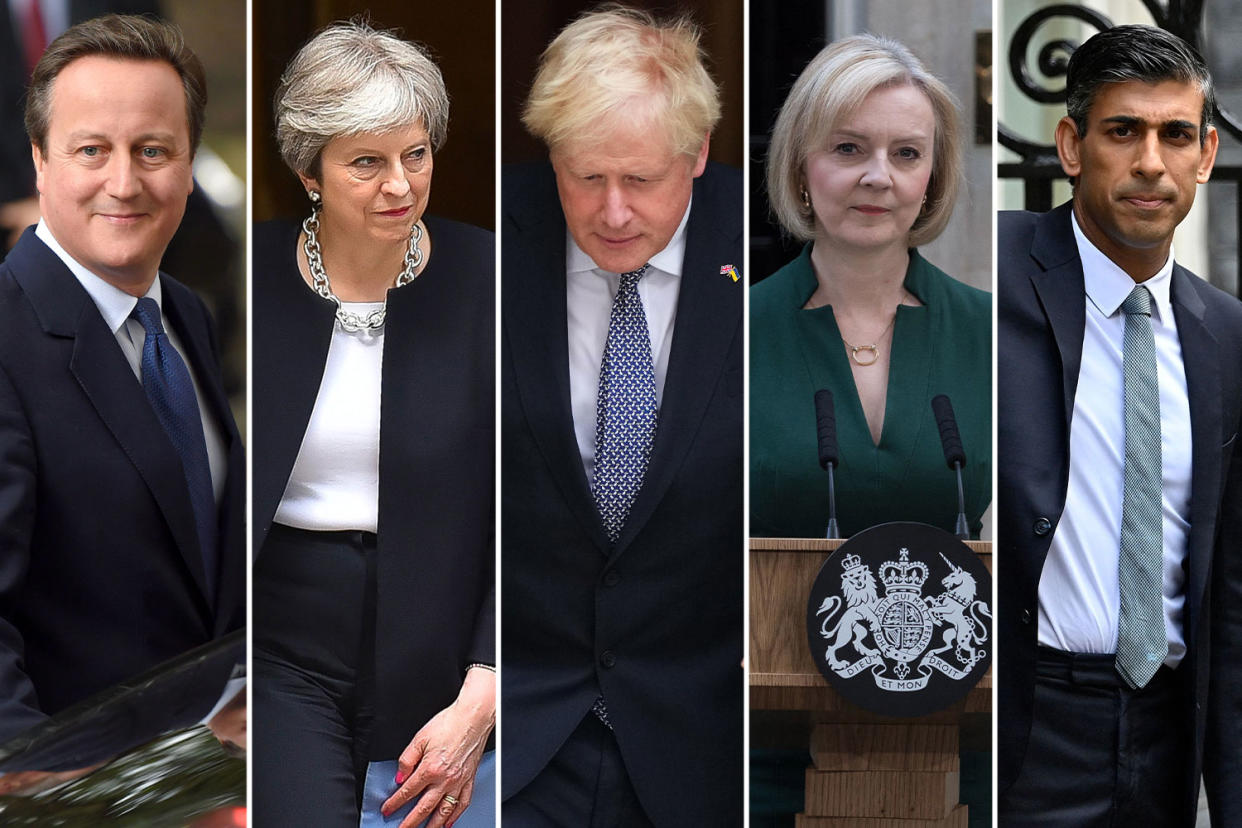 The five prime ministers during 14 years of Conservative government - David Cameron, Theresa May, Boris Johnson, Liz Truss, Rishi Sunak. 