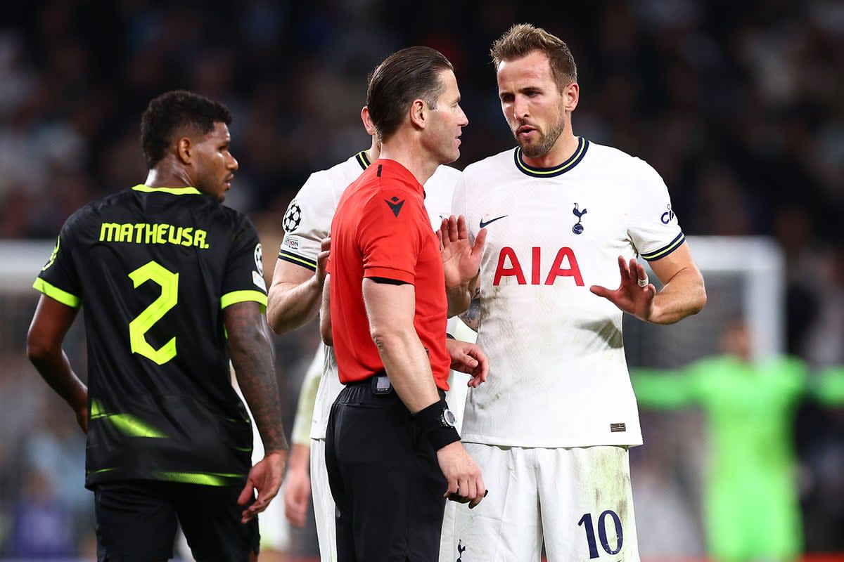 Harry Kane petitions the referee after VAR chalked off a late winner for Spurs in their home game against Sporting CP last week  (Getty)