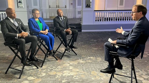 PHOTO: New York City Mayor Eric Adams, Los Angeles Mayor Karen Bass and Houston Mayor Sylvester Turner sit down for an interview. with ABC News' Jonathan Karl. (ABC News)
