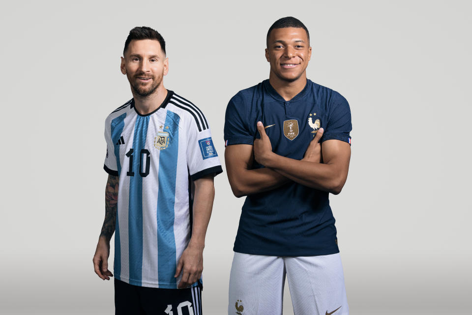 (EDITORS NOTE: THIS IMAGE HAS BEEN RETOUCHED) In this composite image, a comparison has been made between (L-R) Lionel Messi of Argentina and Kylian Mbappe of France, who are posing during the official FIFA World Cup 2022 portrait sessions. Argentina and France meet in the final of the FIFA World Cup Qatar 2022. (Photo by FIFA/FIFA via Getty Images)