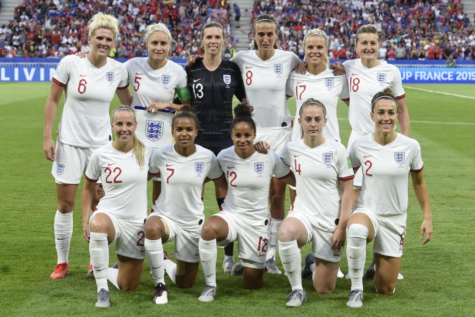 ngland's players pose ahead of the France 2019 Women's World Cup semi-final football match between England and USA, on July 2, 2019, at the Lyon Satdium in Decines-Charpieu, central-eastern France. (LtoR, from upper row) England's defender Millie Bright, England's defender Steph Houghton, England's goalkeeper Carly Telford, England's midfielder Jill Scott, England's defender Rachel Daly, England's forward Ellen White, England's forward Beth Mead, England's forward Nikita Parris, England's defender Demi Stokes, England's midfielder Keira Walsh and England's defender Lucy Bronze. (Photo by Philippe DESMAZES / AFP)        (Photo credit should read PHILIPPE DESMAZES/AFP via Getty Images)