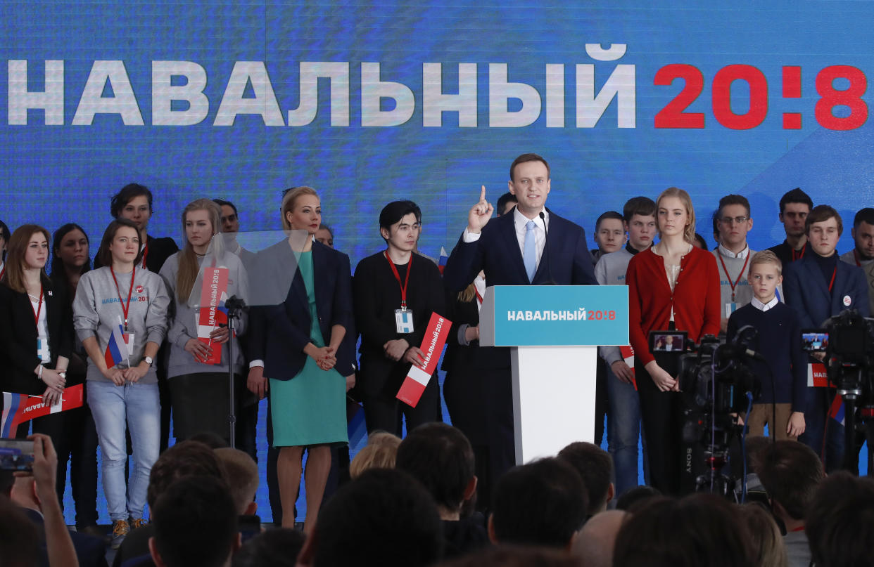 Alexei Navalny delivers a speech.