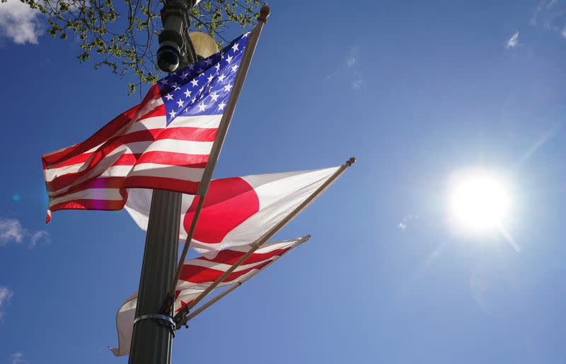 Japanese and U.S. flags at the White House in Washington ahead of State Visit
