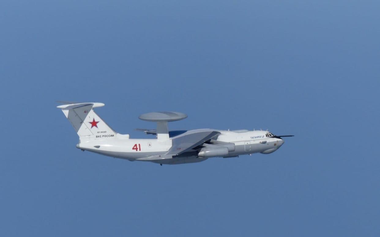 A Russian A-50 military aircraft flies near the disputed Dokdo islands on Tuesday in an incident that ended in South Korean jets firing warning shots - REUTERS