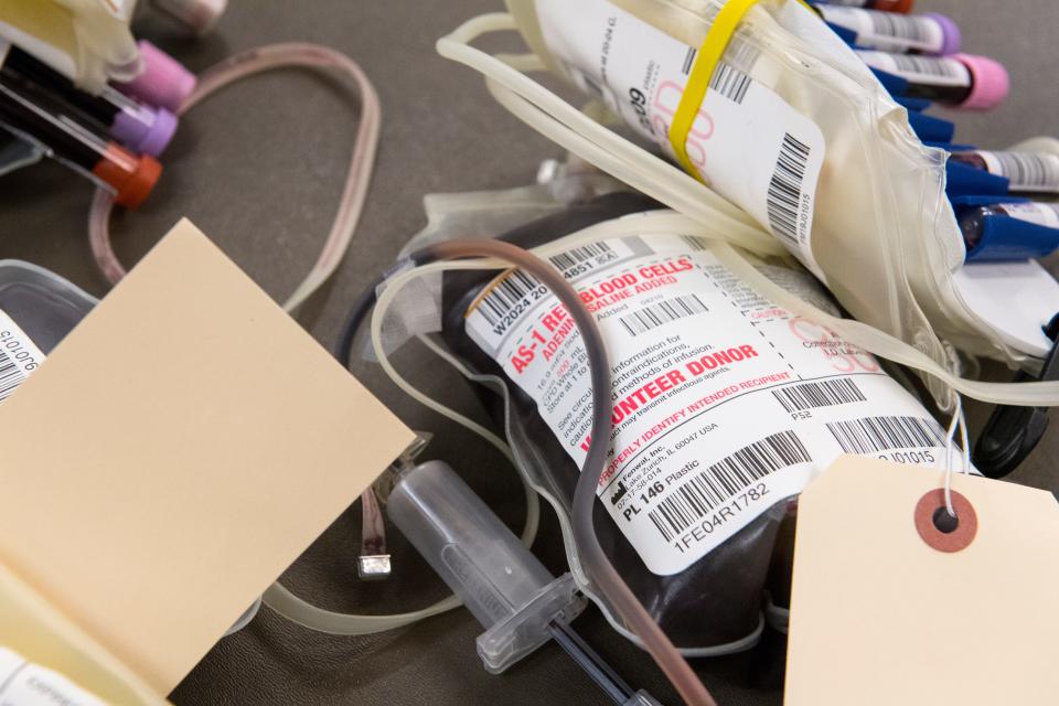Blood bags wait to be processed at the Red Cross of Southern Indiana in March 2020. Deaconess Health Systems leadership and the local chapter of the American Red Cross have put out a call for blood donors amid a critical national shortage.