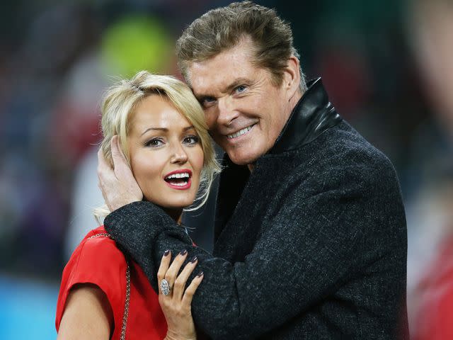 <p>David Rogers/Getty</p> David Hasselhoff and Hayley Roberts during the 2015 Rugby World Cup.