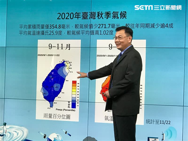 氣象局氣象預報中心主任呂國臣表示，回顧今年秋季雨量偏少。（圖／記者陳宜加攝影）