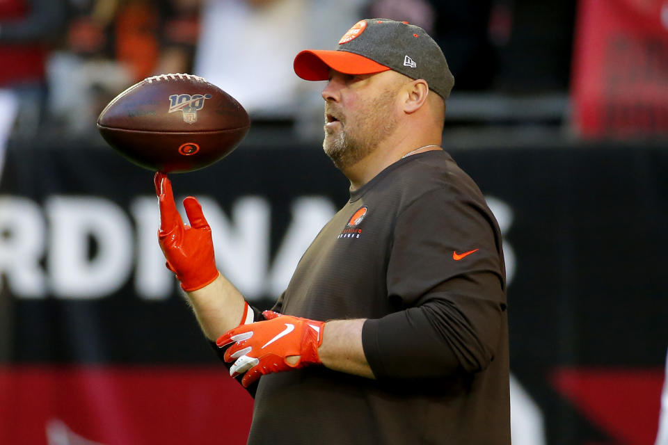 Cleveland Browns head coach Freddie Kitchens watches his team prior to an NFL football game against the Arizona Cardinals, Sunday, Dec. 15, 2019, in Glendale, Ariz. (AP Photo/Rick Scuteri)