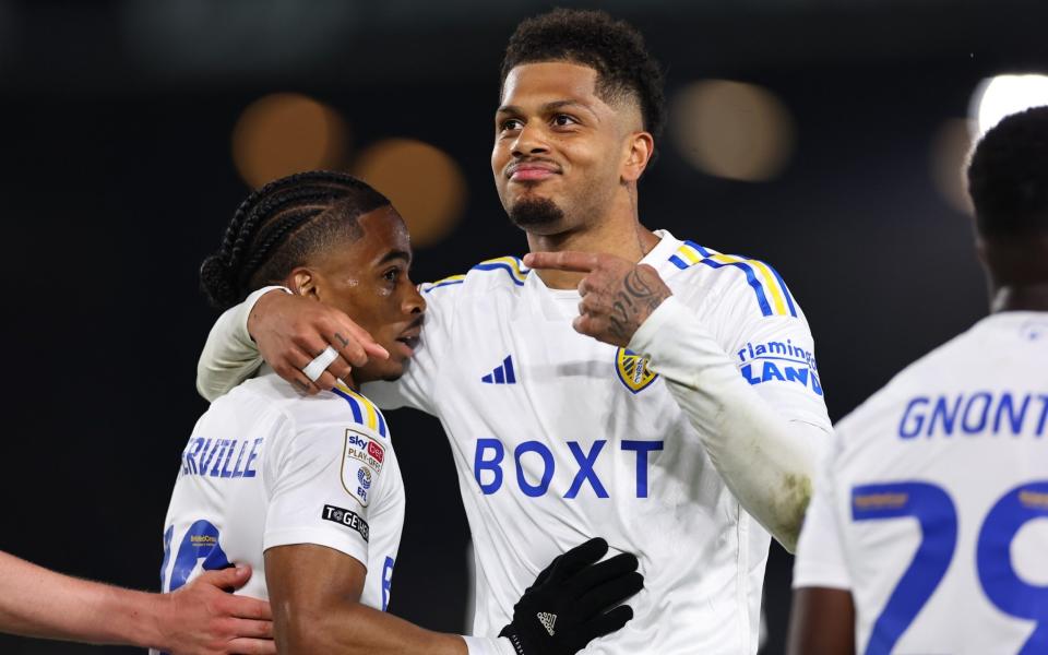 Crysencio Summerville of Leeds United celebrates after scoring a goal to make it 4-0 during the Sky Bet Championship Play-Off Semi-Final 2nd Leg match between Leeds United and Norwich City at Elland Road on May 16, 2024 in Leeds, England.