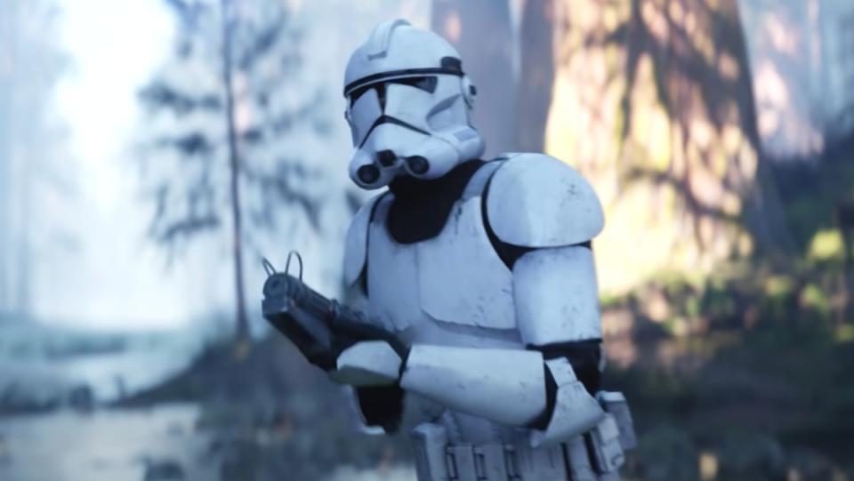 A still image of a clone stormtrooper holding a blaster, in the woods, from a 4K Star Wars short film.