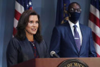 FILE - In this Wednesday, Sept. 2, 2020 file photo provided by the Michigan Office of the Governor, Gov. Gretchen Whitmer addresses the state during a speech in Lansing, Mich. Whitmer said Monday, Oct. 5, 2020, that a statewide mask requirement remains in effect despite the Michigan Supreme Court's invalidation of a law that underpins her orders to control the coronavirus pandemic. (Michigan Office of the Governor via AP, File)