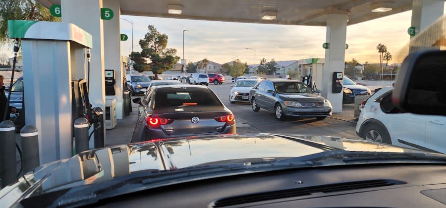 Customers in line to fill up at a gas station near Rancho and Alexander on Friday, Feb. 10, 2023. (KLAS)