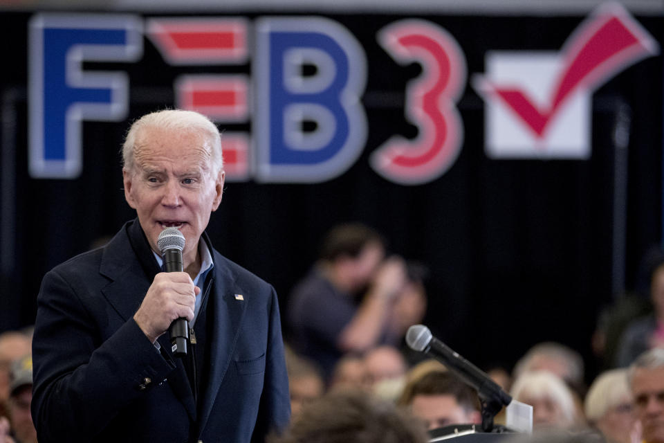 Democratic presidential candidate former Vice President Joe Biden speaks at a campaign stop at the South Slope Community Center, Saturday, Feb. 1, 2020, in North Liberty, Iowa. (AP Photo/Andrew Harnik)