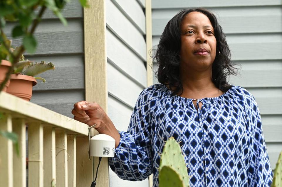 Sharonne Robinson on Monday, May 8, 2023. Robinson monitors the air quality in her neighborhood because she is concerned about the pollution from the tank farm north of her neighborhood and the airport to the south of her residence.