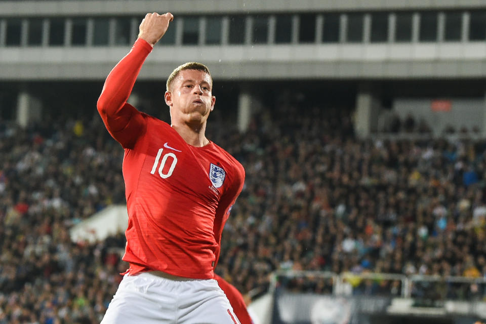 England's midfielder Ross Barkley celebrates after scoring his team's third goal during the Euro 2020 Group A football qualification match between Bulgaria and England at the Vassil Levski Stadium in Sofia on October 14, 2019. (Photo by NIKOLAY DOYCHINOV / AFP) (Photo by NIKOLAY DOYCHINOV/AFP via Getty Images)