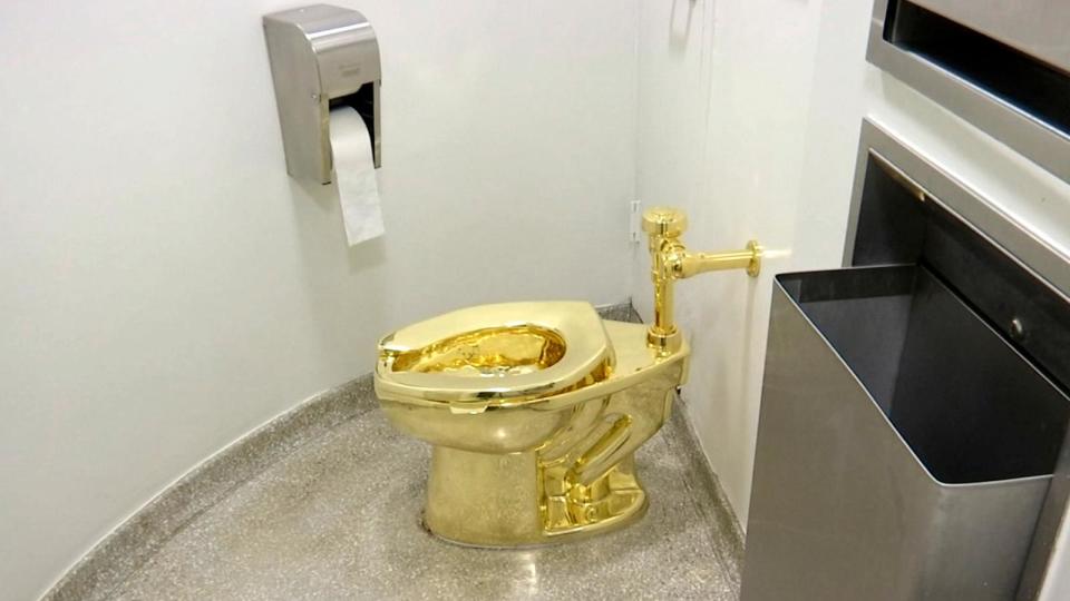 PHOTO: FILE - This Sept. 16, 2016 file image made from a video shows the 18-karat toilet, titled 'America,' by Maurizio Cattelan in the restroom of the Solomon R. Guggenheim Museum in New York. (AP)