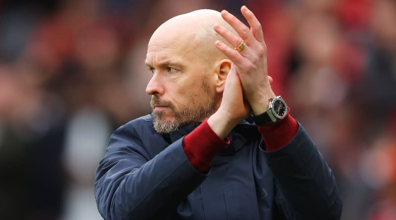   Manchester United manager Erik ten Hag applauds during his side's 0-0 draw against Southampton at Old Trafford in March 2023. 