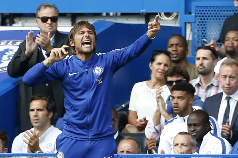 Chelsea's manager Antonio Conte shouts from the touchline during their English Premier League match against Burnley, at Stamford Bridge in London, on August 12, 2017