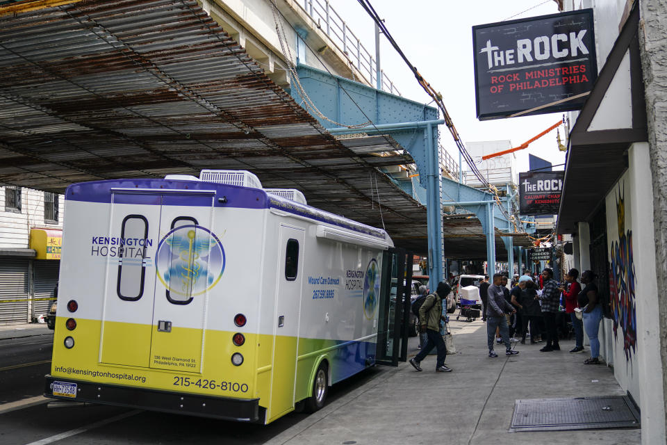 Kensington Hospital wound care outreach van is parked in the Kensington neighborhood of Philadelphia, Tuesday, May 23, 2023. Xylazine, a powerful animal sedative that's moving through the illicit drug supply is complicating the U.S. response to the opioid crisis, causing gruesome skin wounds and scrambling longstanding methods for treating addiction and reversing overdoses. (AP Photo/Matt Rourke)