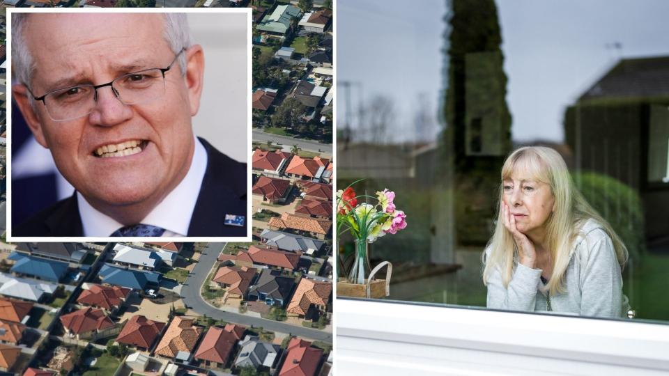 Prime Minister Scott Morrison, aerial view of Australian houses, older woman looks out window sadly.