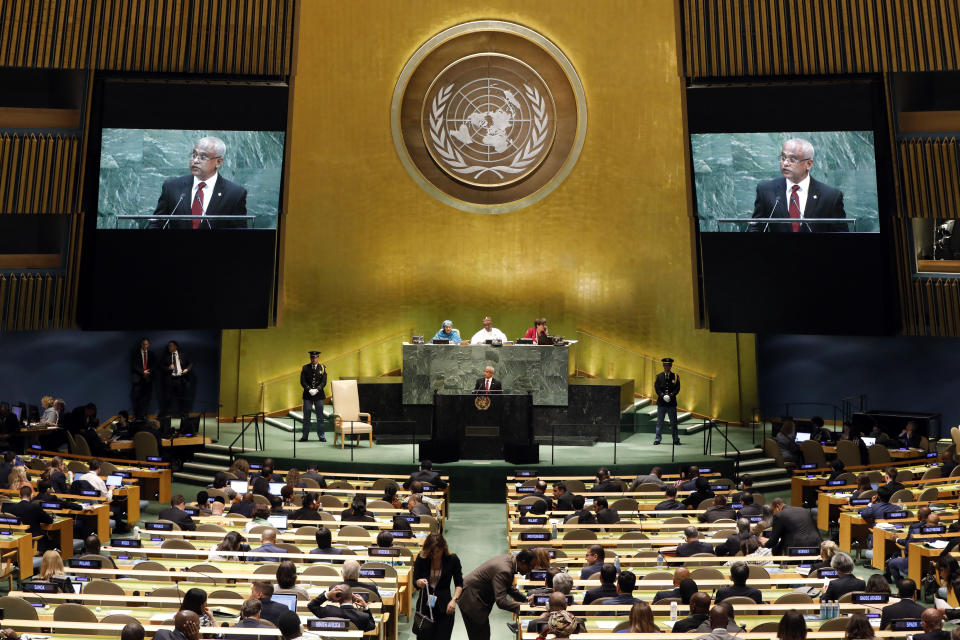Maldive's President Ibrahim Mohamed Solih addresses the 74th session of the United Nations General Assembly, Tuesday, Sept. 24, 2019. (AP Photo/Richard Drew)
