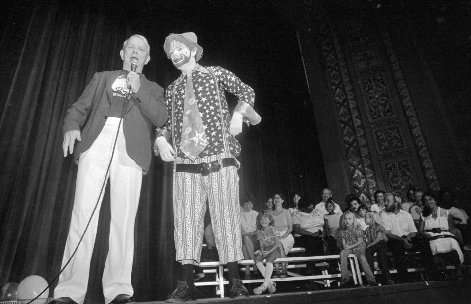 WTLV television's "Skipper Ed" McCullers and his clown friend Sir Laffalot (Bill Boydston) entertain during a reunion show in 1983 at the newly reopened Florida Theatre.