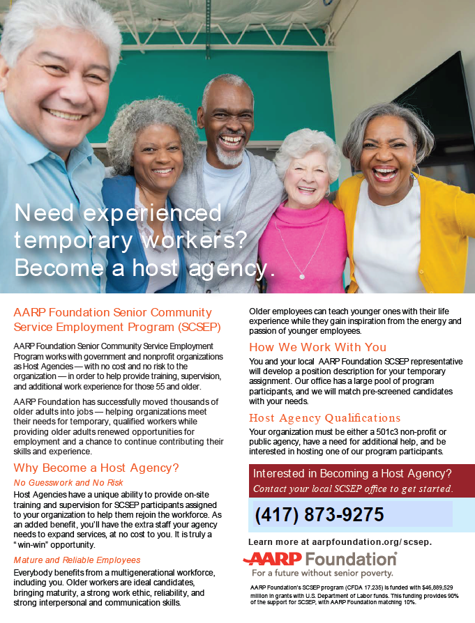 A flyer for the AARP Foundation's Senior Community Service Employment Project in southwest Missouri encourages nonprofits and government agencies to partner with the program.