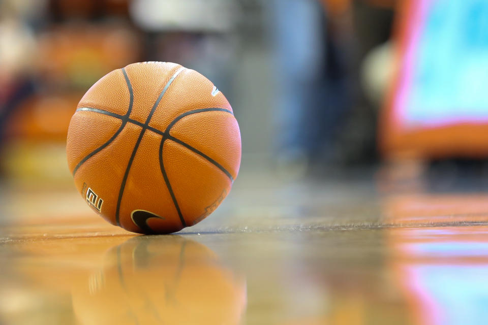 BOWLING GREEN, OH - JANUARY 11:  A general view of the game ball resting on the court at the end of the game is seen during a regular season Mid-American Conference game between the Akron Zips and the Bowling Green Falcons on January 11, 2020 at the Stroh Center in Bowling Green, Ohio.  (Photo by Scott W. Grau/Icon Sportswire via Getty Images)