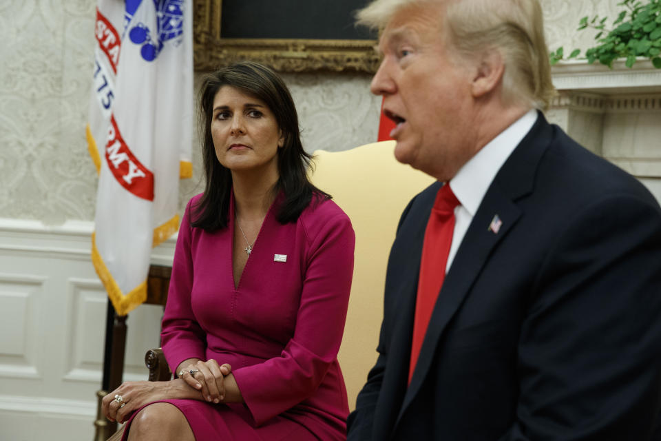 FILE - President Donald Trump speaks during a meeting with outgoing U.S. Ambassador to the United Nations Nikki Haley in the Oval Office of the White House, Oct. 9, 2018, in Washington. After Trump left the White House, Haley, vowed not to step in the way if he ran for the 2024 Republican presidential nomination. Yet on Wednesday, she is poised to become the first major Republican candidate to enter the race against him. (AP Photo/Evan Vucci, File)