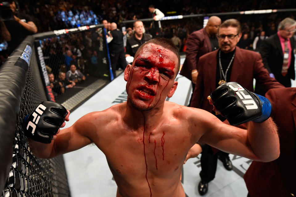 LAS VEGAS, NV - MARCH 05: Nate Diaz reacts to his victory over Conor McGregor of Ireland in their welterweight bout during the UFC 196 event inside MGM Grand Garden Arena on March 5, 2016 in Las Vegas, Nevada.  (Photo by Josh Hedges/Zuffa LLC/Zuffa LLC via Getty Images)