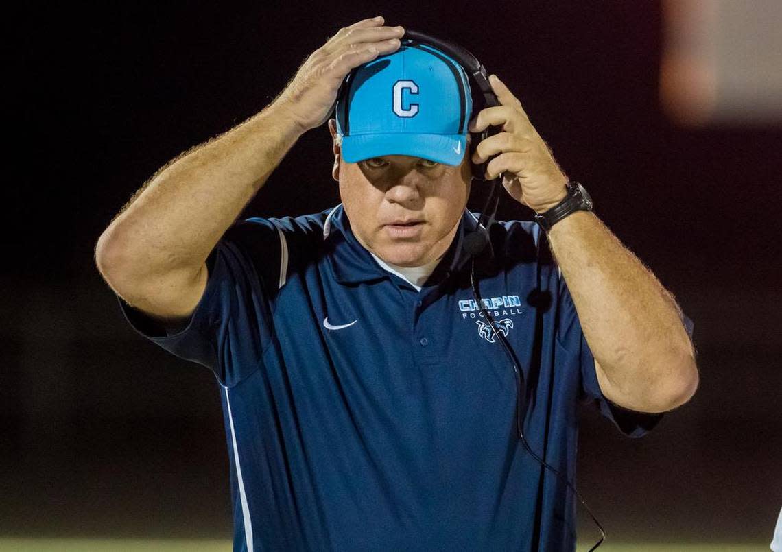 Chapin Eagles head coach Justin Gentry directs his team during the game between the Chapin Eagles and Lower Richland Diamond Hornets at Lower Richland High School. Jeff Blake/jblake@thestate.com