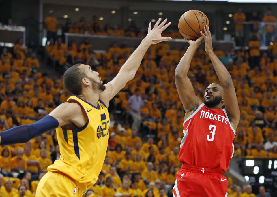 Chris Paul nearly had a triple-double to lead the Rockets to a 3-1 series lead. (AP Photo/Rick Bowmer)