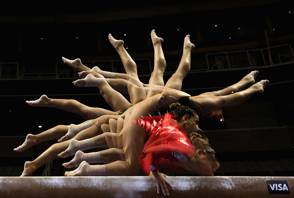 Alicia Sacramone practices on the beam before the start of competition on day 4 of the 2012 U.S. Olympic Gymnastics Team Trials at HP Pavilion on July 1, 2012 in San Jose, California. (Photo by Ezra Shaw/Getty Images)