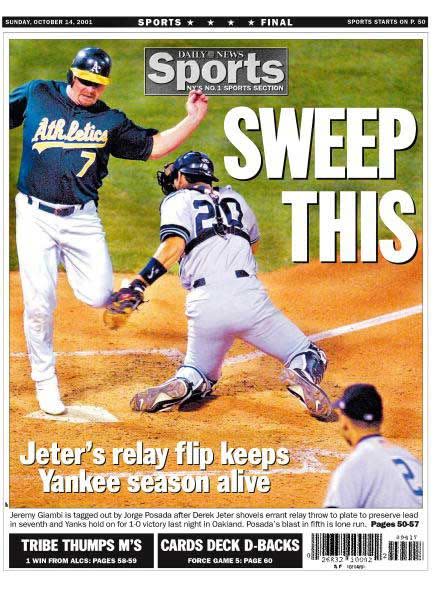 <p><strong>Oct. 13, 2001</strong>: Already down two games to the Oakland Athletics in the AL Divisional Series, Yankees captain Derek Jeter makes one of the most athletic plays of his career to propel his team to a game (and series) victory. In the bottom of the 10th, Jeremy Giambi of the A's strokes a two-out single, followed by a line drive from Terrence Long. As the slow-footed Giambi lumbers around the bases, Jeter vacates his shortstop position and runs to the first base line, snaring a throw from outfielder Shane Spencer and making a backhand flip to home plate, barely nailing Giambi. "You're out to win. Baseball, board games. I hate to lose," Jeter told Frommer of the Miracle Flip.<br> </p>