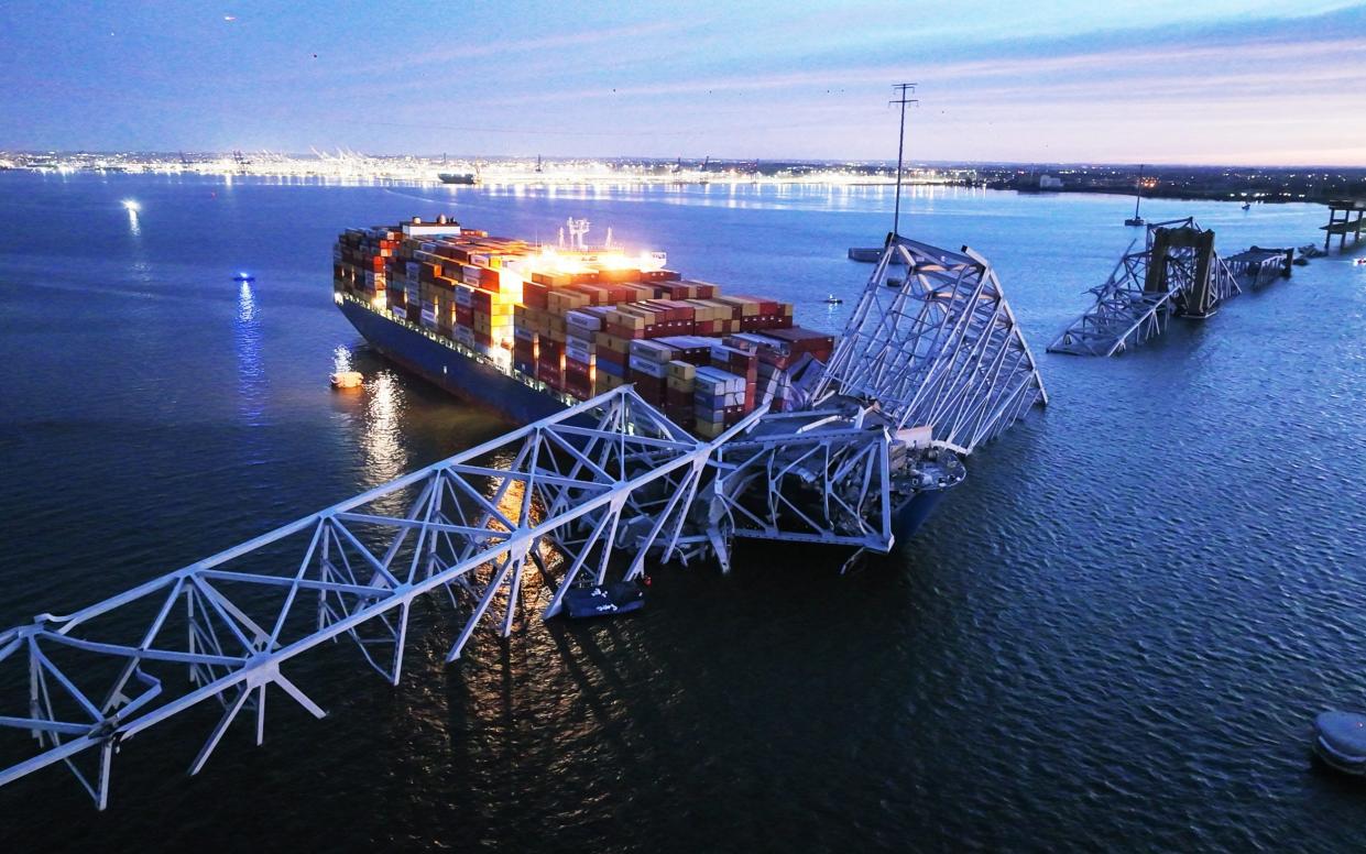 The collapsed Francis Scott Key Bridge after a collision with cargo ship Dali, in Baltimore