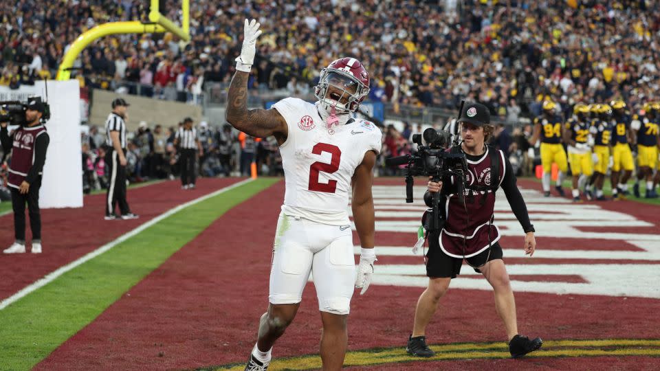 Jase McClellan of the Alabama Crimson Tide celebrates after scoring a touchdown in the fourth quarter against the Michigan Wolverines on Monday. - Harry How/Getty Images