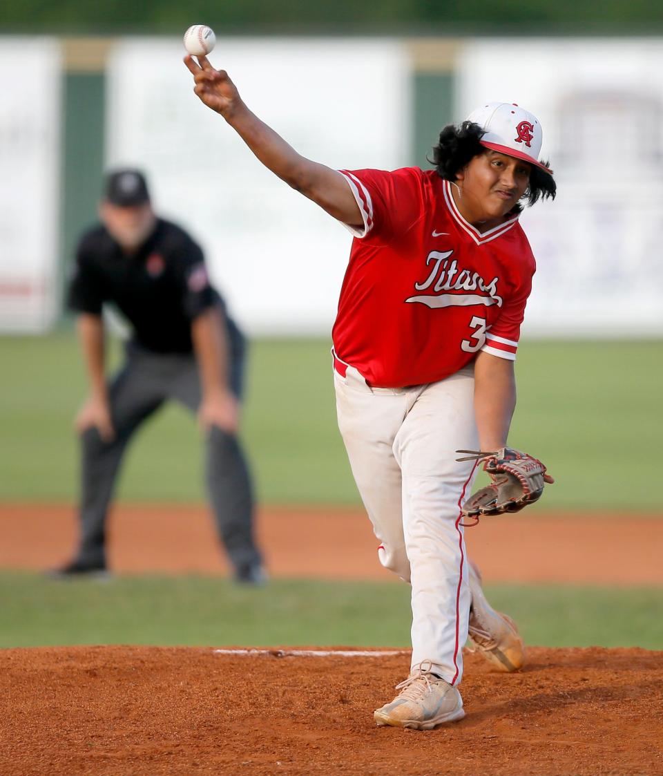 Carl Albert's Samuel Gonzalez pitches during a Class 5A baseball state tournament game between Carl Albert and Collinsville at Edmond Santa Fe High School in Edmond, Okla., Thursday, May 12, 2022. 