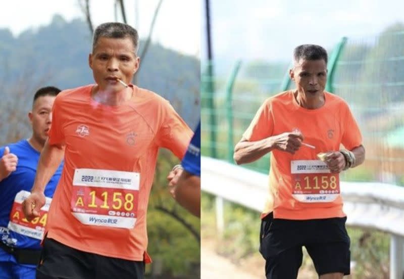 ▲大陸一名50多歲的男子近日參加全馬馬拉松的比賽，沒想到他竟然全程42km都叼菸在跑。（圖/翻攝搜狐）