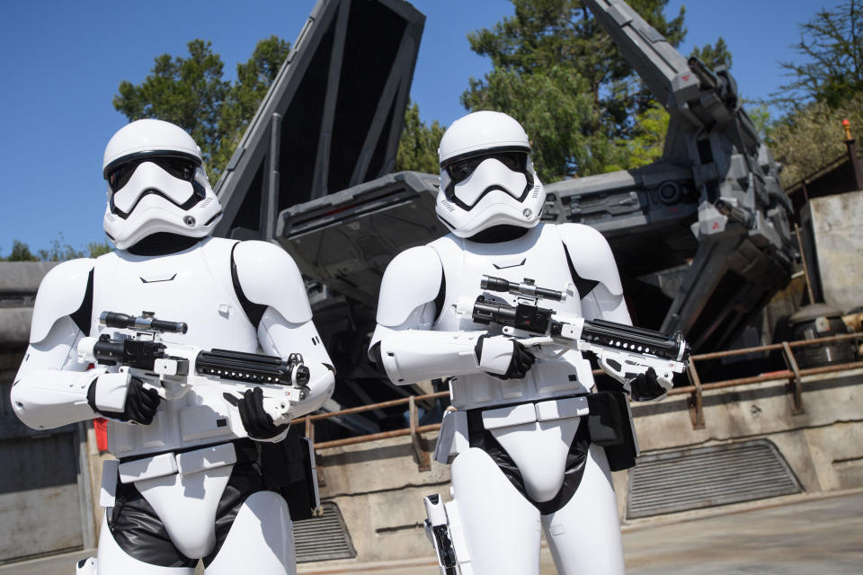 First Order stormtroopers guard the TIE Echelon Starfighter, one of several vehicles designed specifically for Galaxy's Edge. (Photo: Richard Harbaugh/Disney Parks)