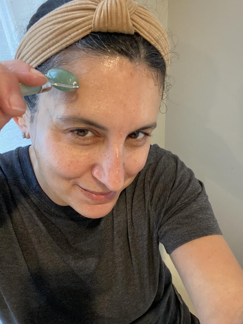 Even using a jade roller didn&#39;t help my skin absorb the olive oil. (Photo: Jamie Davis Smith)