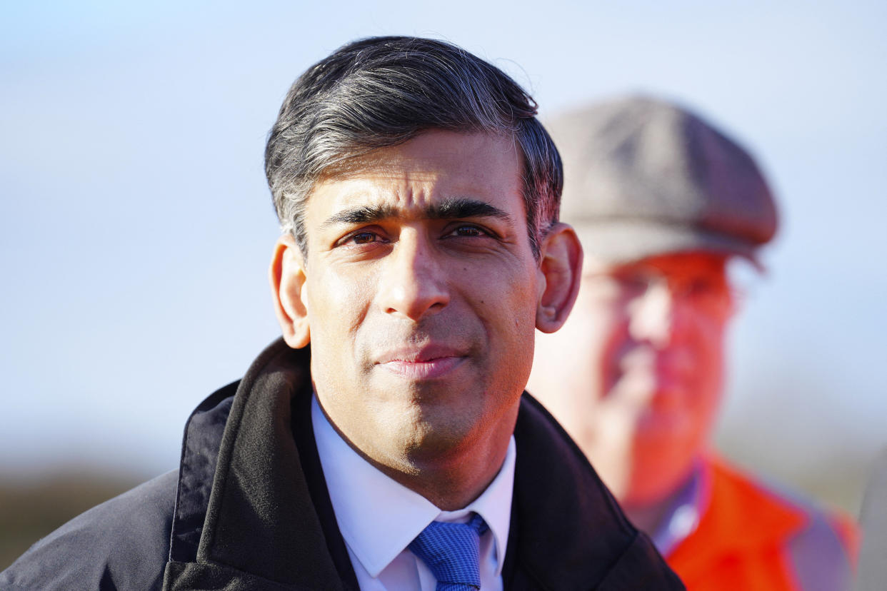 Britain's Prime Minister Rishi Sunak arrives to visit a location on the site of the future Haxby railway station near York on February 26, 2024. (Photo by Jon Super / POOL / AFP) (Photo by JON SUPER/POOL/AFP via Getty Images)