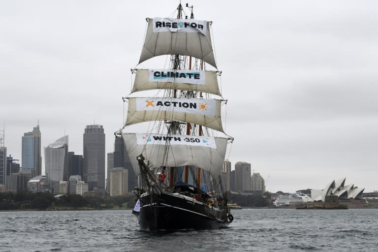 The tall ship Southern Swan sails on Sydney Harbour as part of an environmental protest