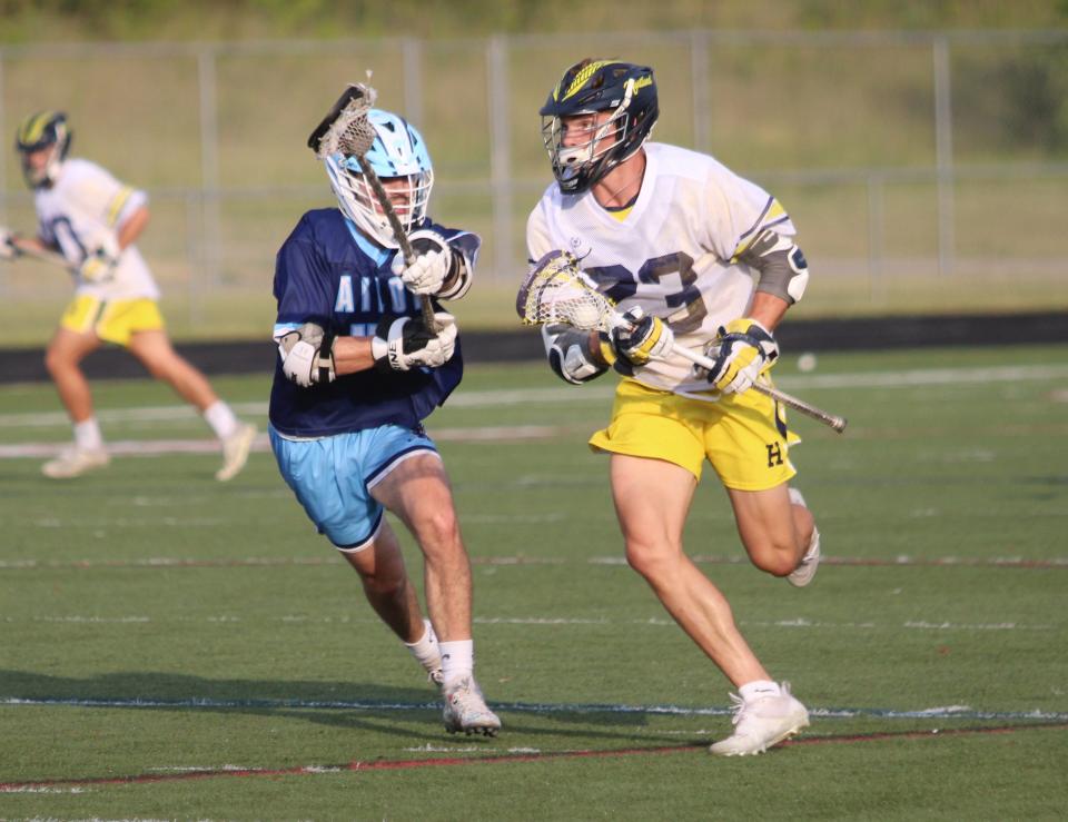 Hartland's Joey Mattord (23) scored three quick first-quarter goals during a 21-3 victory over Muskegon Mona Shores in a state Division 1 lacrosse quarterfinal Friday, June 2, 2023 at Parker Middle School.