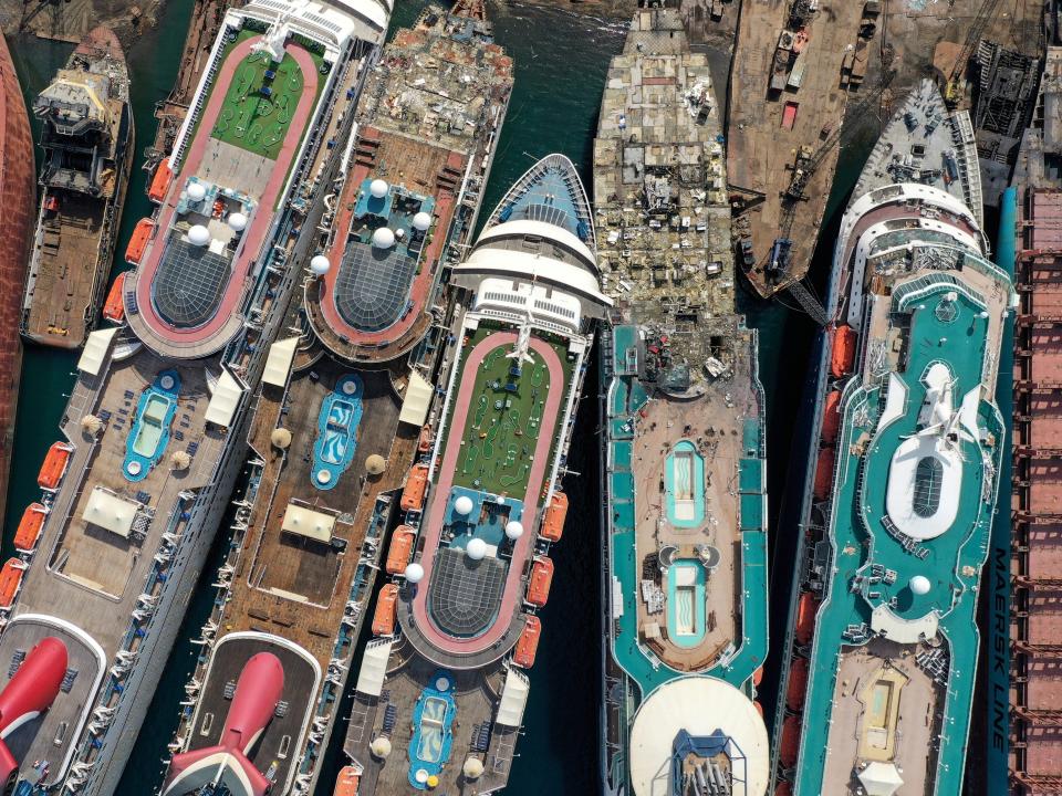 A drone image shows decommissioned cruise ships being dismantled at Aliaga ship-breaking yard in the Aegean port city of Izmir, western Turkey, October 2, 2020. REUTERS/Umit Bektas